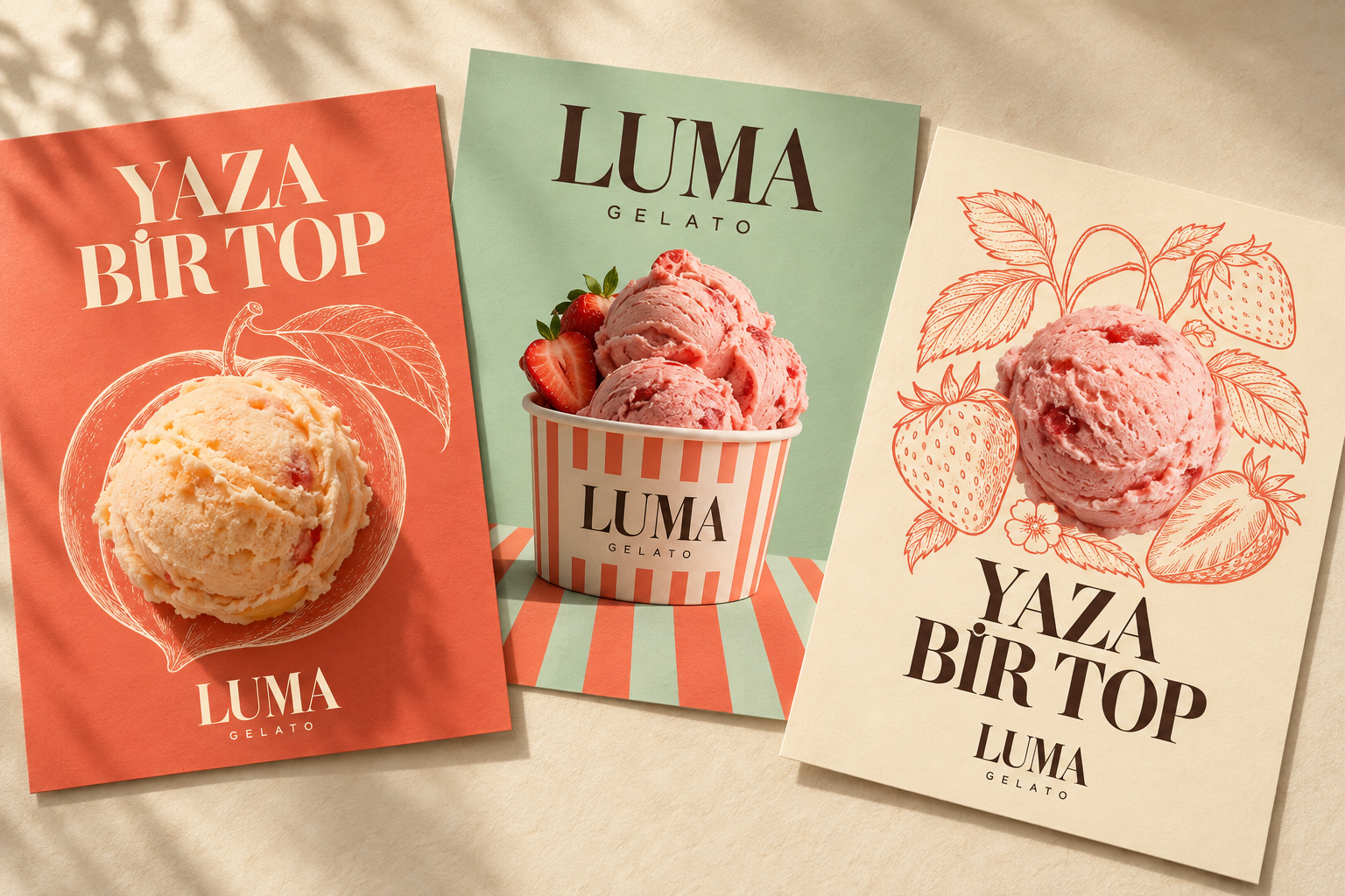Yaza Bir Top başlıklı Luma Gelato kampanyası; dondurma, meyve çizimleri ve büyük tipografili üç görsel