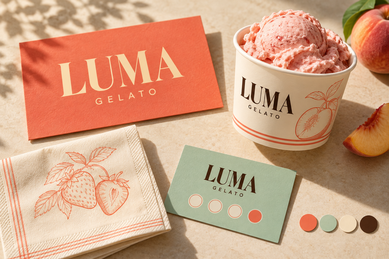 Luma Gelato için mercan, adaçayı ve krem renklerinde logo, kart, dondurma kabı ve ambalaj sunumu