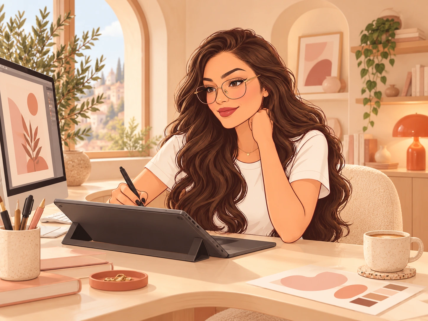 Elif, minimal ve masalsı odasında çizim tabletinde tasarım yaparken