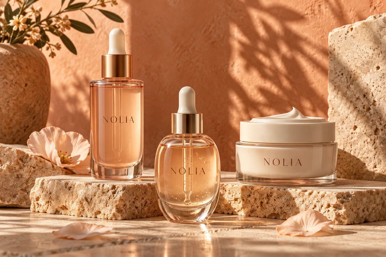 Nolia serum ve krem ambalaj konsepti, sıcak ışıkta traverten yüzeyler