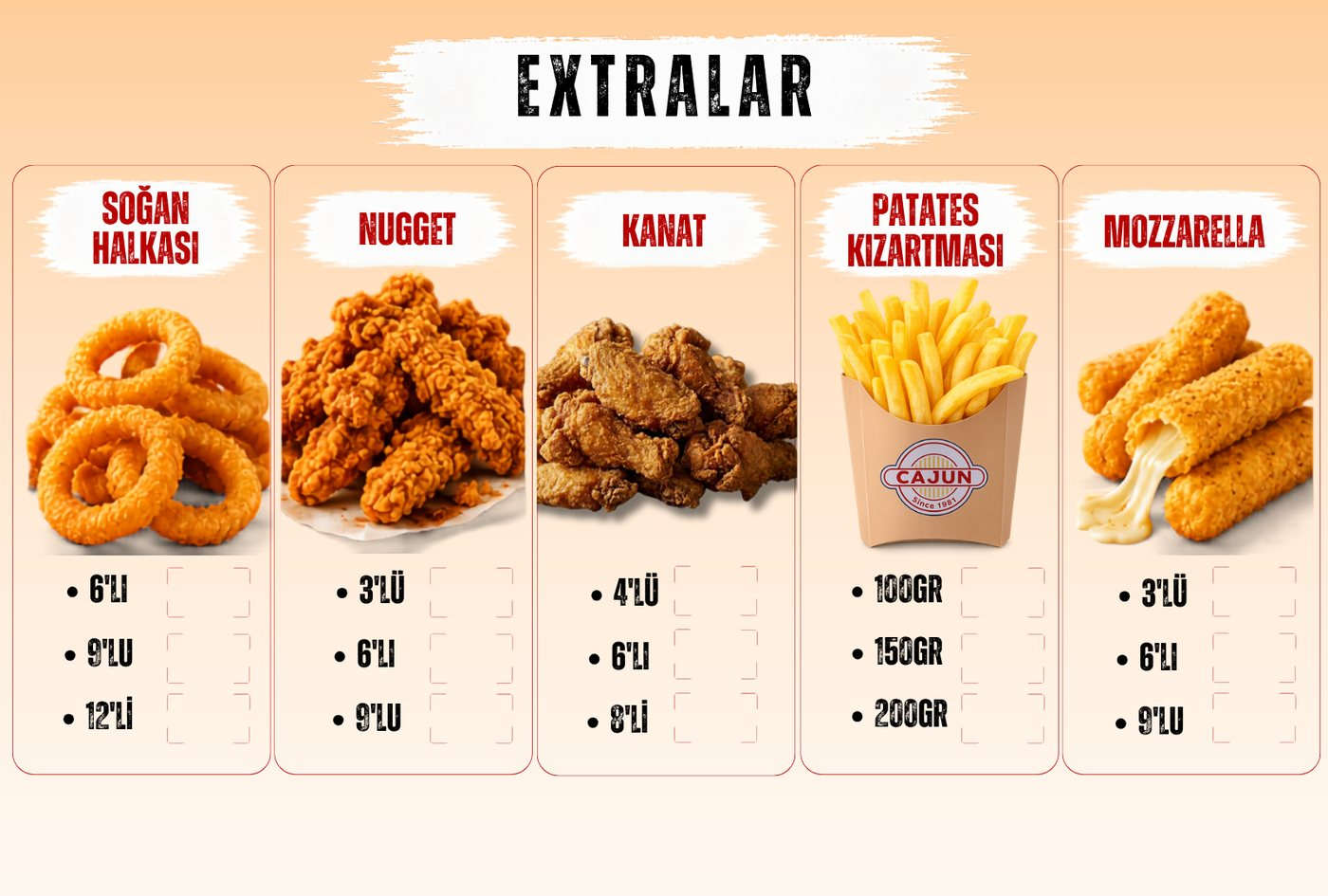 Cajun Burger · Ekstralar panosu