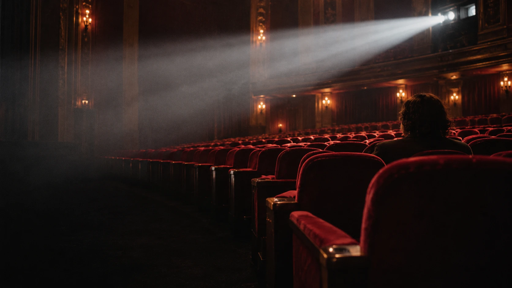 Kırmızı koltuklu eski bir sinema salonunda projektör ışığı ve bir izleyici