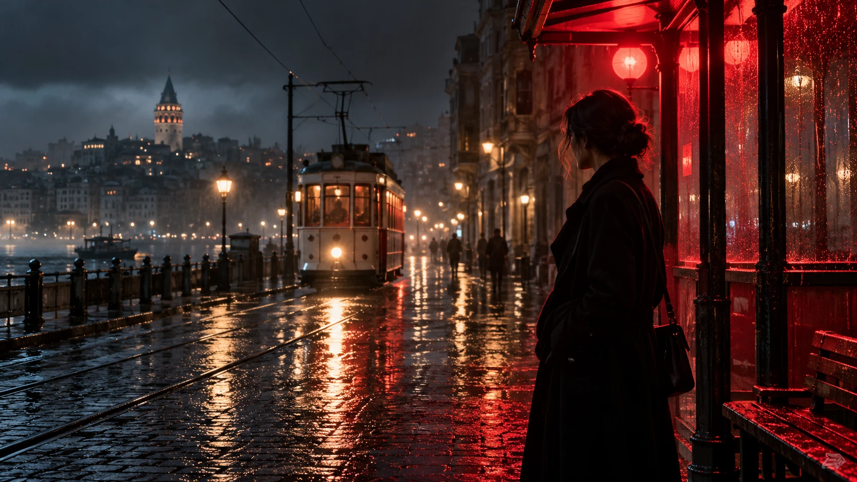Yağmurlu bir gece sahnesinde kırmızı ışık ve tramvay