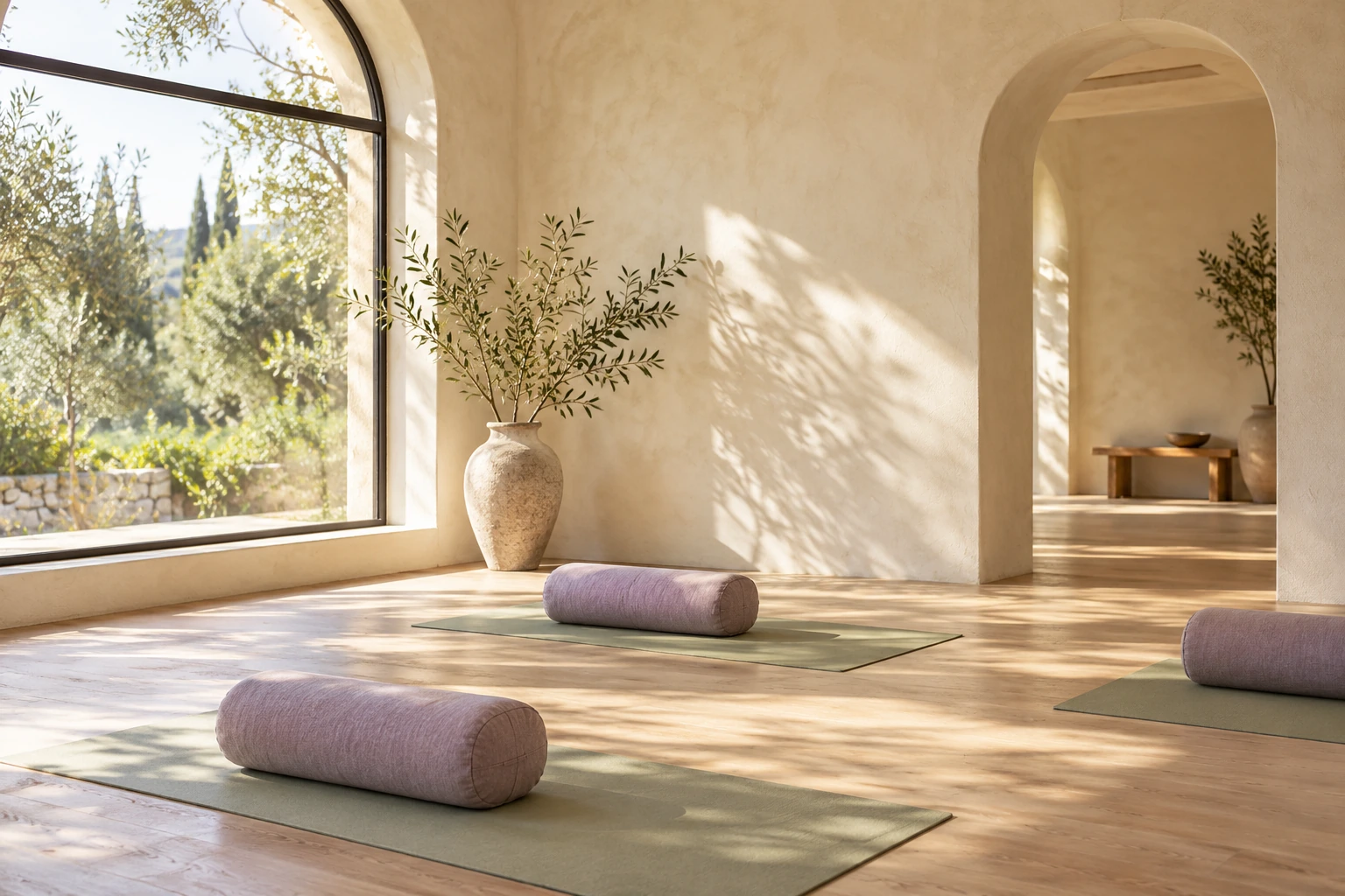 Gün ışığı alan sakin yoga stüdyosu; adaçayı matlar ve lila destek yastıkları