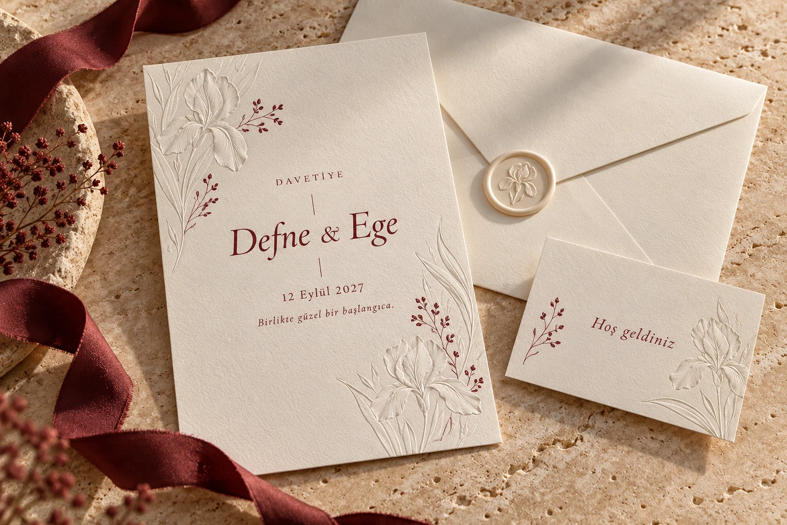 Defne & Ege · Kabartma botanik davetiye