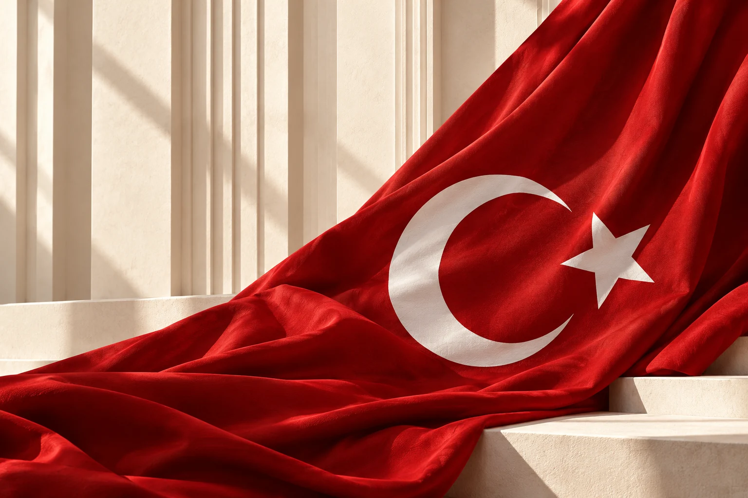 Aydınlık taş basamaklar önünde kıvrımlanan ay yıldızlı kırmızı Türk bayrağı
