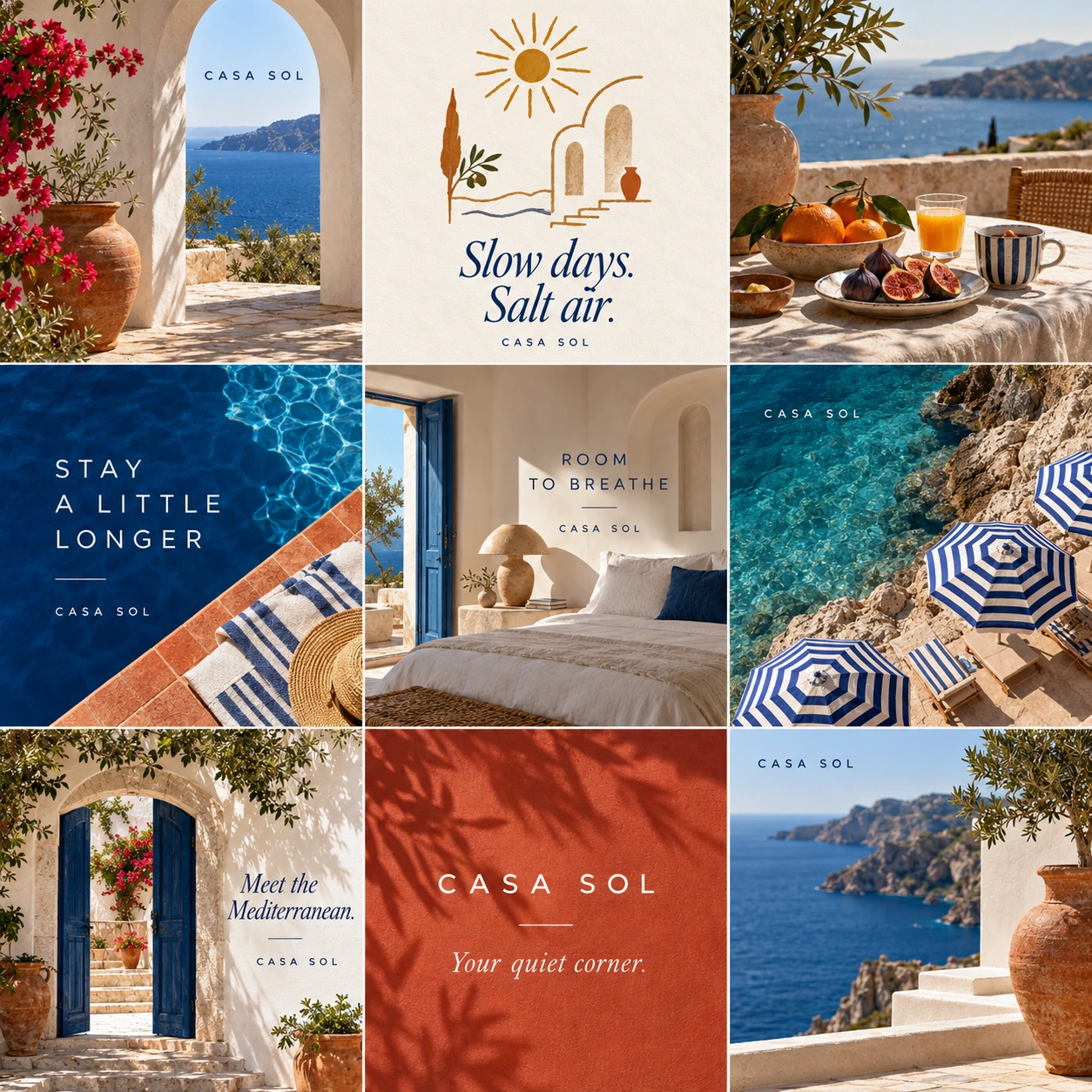 CASA SOL için Akdeniz kıyısı, butik otel, teras ve konaklama temalı dokuzlu sosyal medya tasarım serisi.
