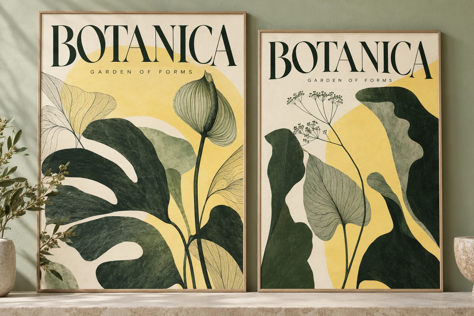 Botanica sergisi için yeşil ve açık sarı tonlarda botanik illüstrasyonlu poster tasarımı.