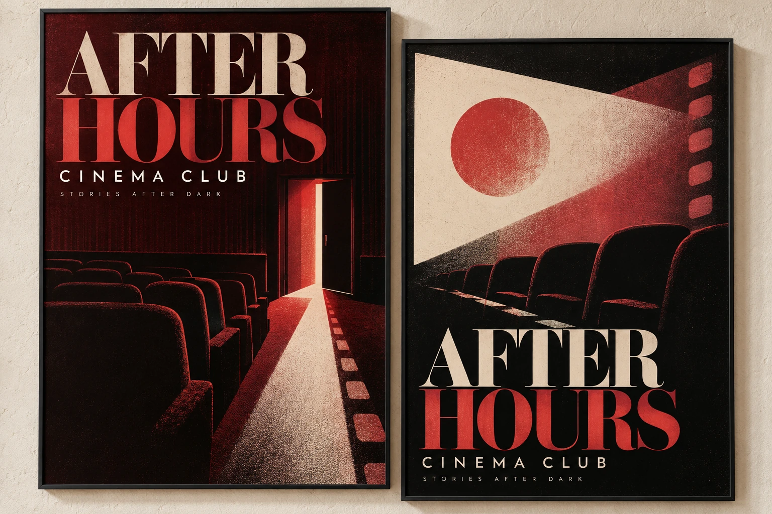 After Hours sinema kulübü için bordo, siyah ve fildişi tonlarında grafik poster tasarımı.