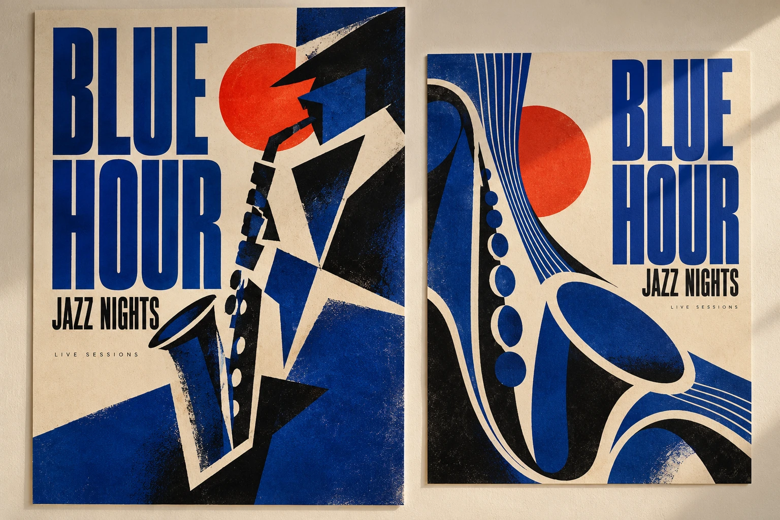 Blue Hour caz gecesi için kobalt mavi, krem ve kırmızı tonlarda poster tasarımı.