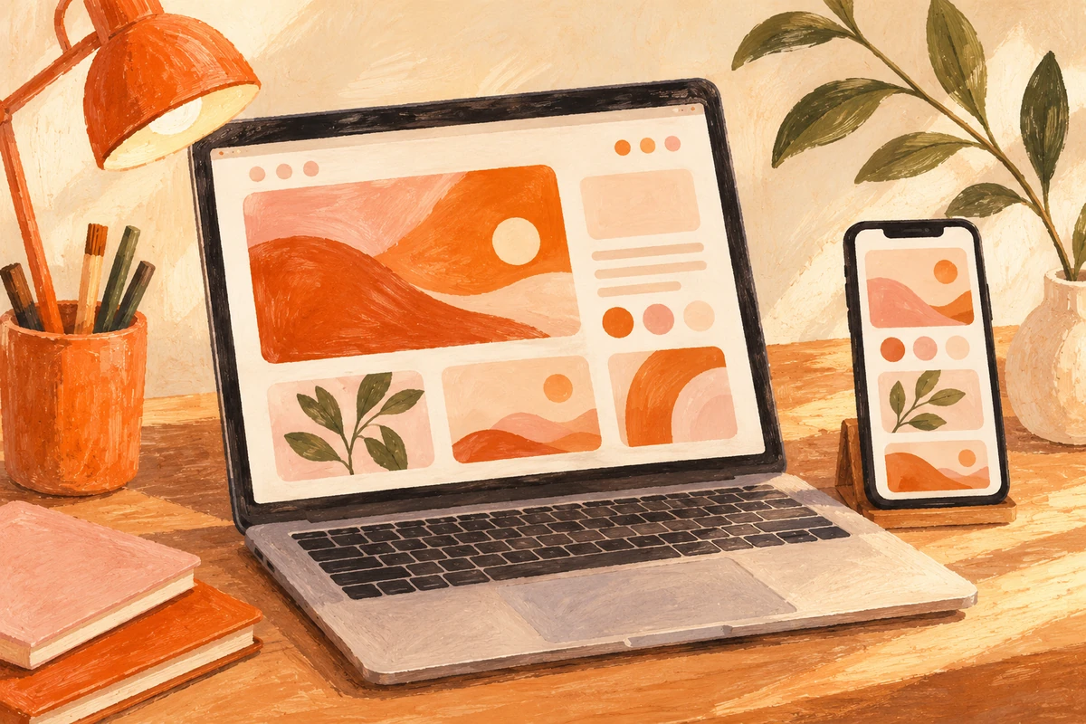 Bilgisayar ve telefon ekranlarıyla web ve uygulama tasarımını anlatan sıcak tonlu masa illüstrasyonu