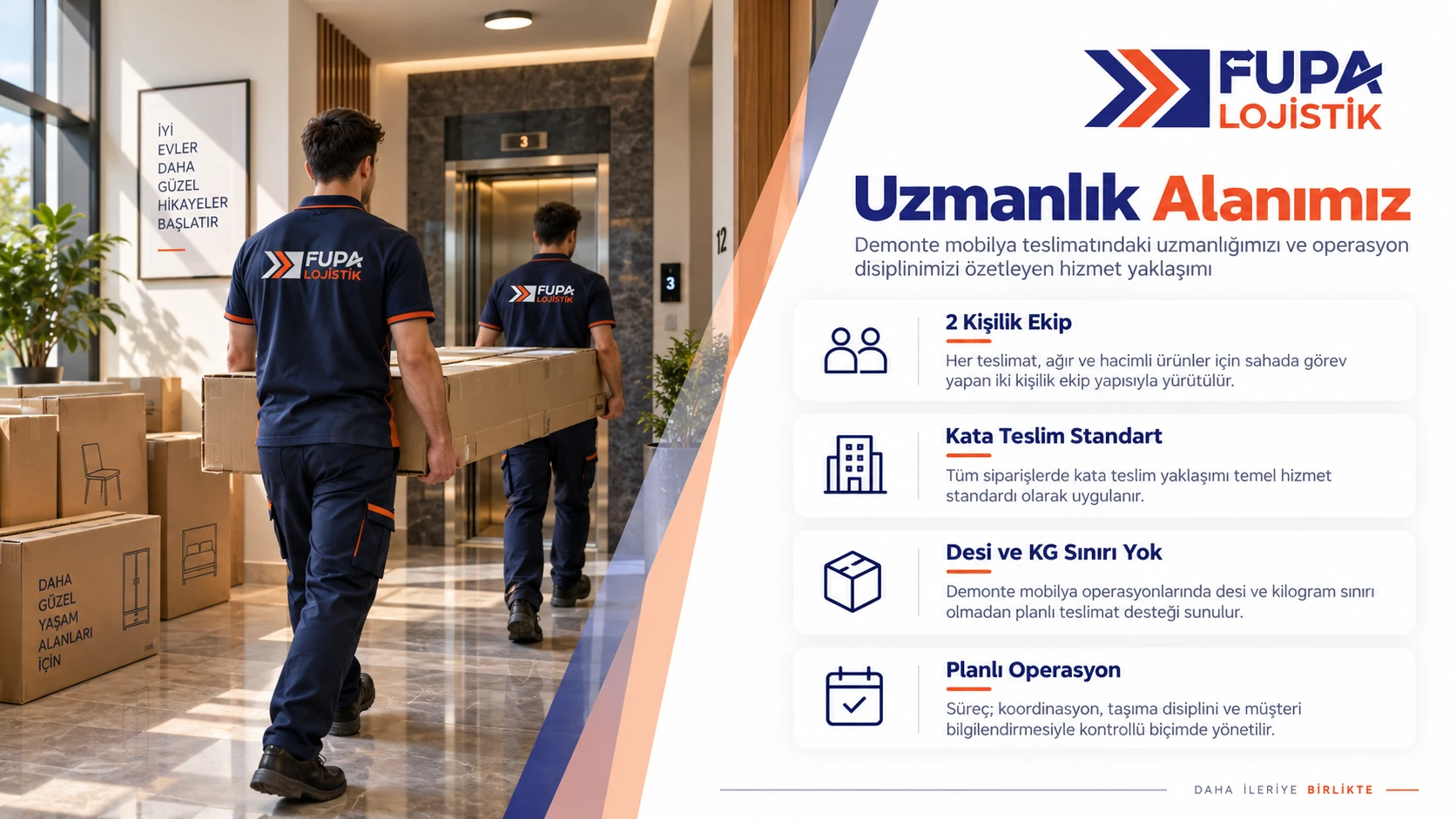 FUPA Lojistik uzmanlık alanı sayfası; mobilya taşıma görseli ve dört hizmet kartı