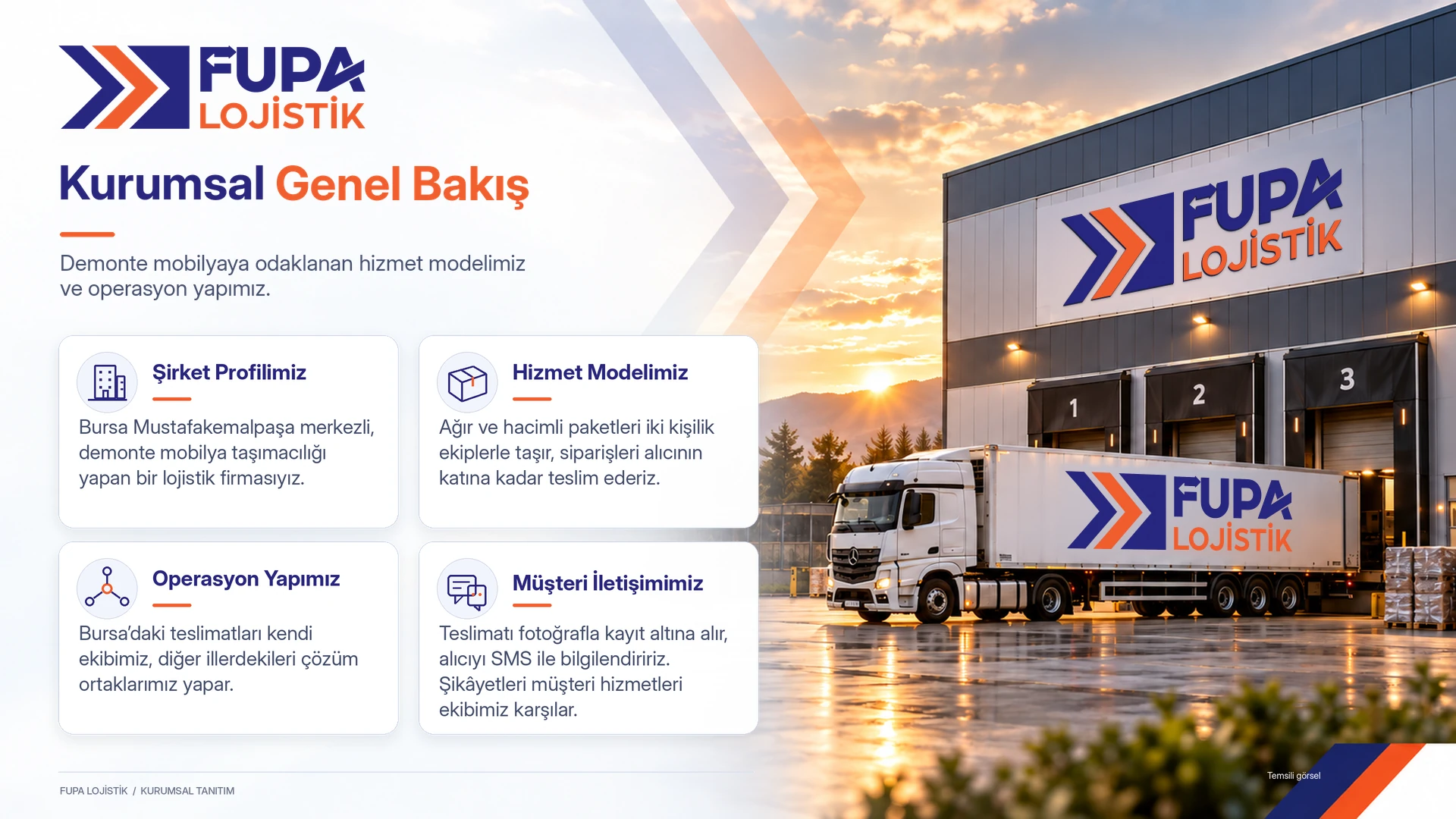 FUPA Lojistik kurumsal sunumunda şirket profili, hizmet ve operasyon bilgilerini gruplandıran bir sayfa